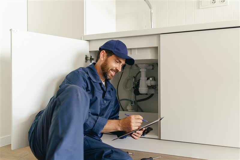 Residential plumber reviewing plumbing repairs in a Philadelphia kitchen